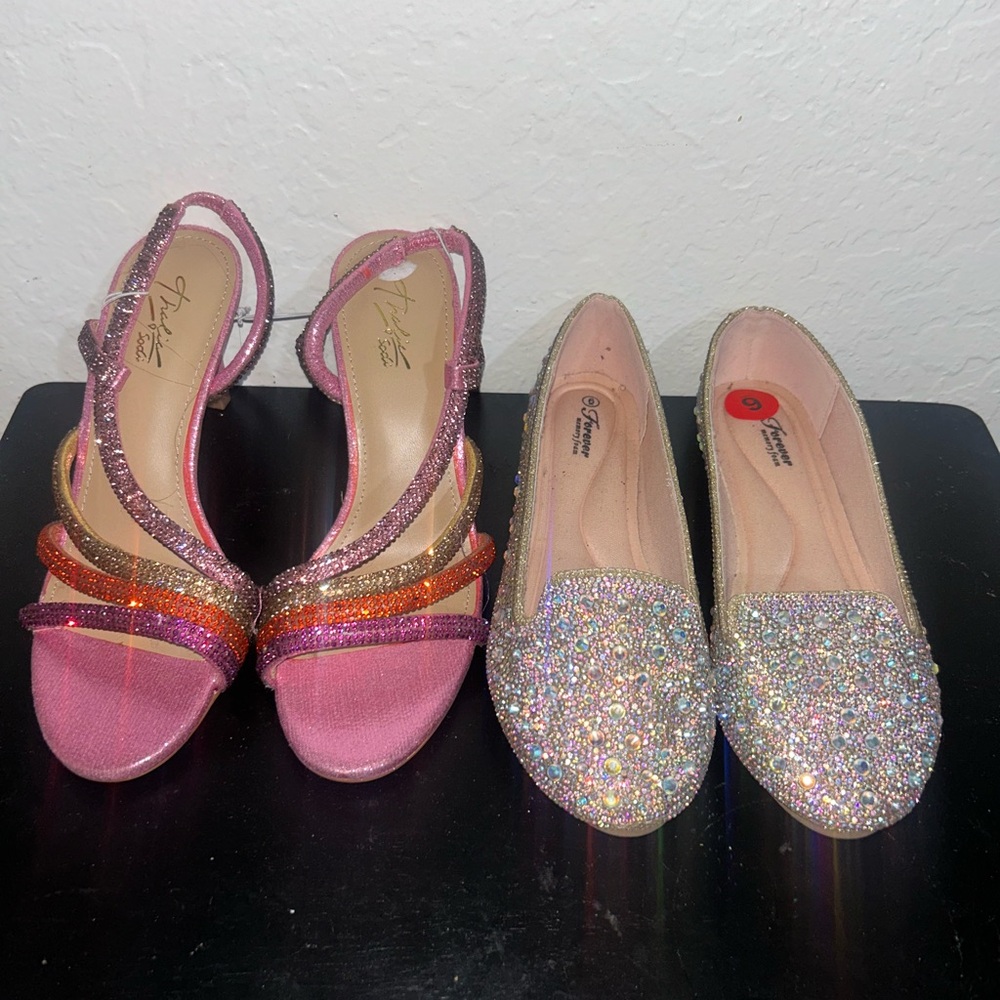 Glitter Pink Strappy Sandals & Rhinestone Flats - Pink